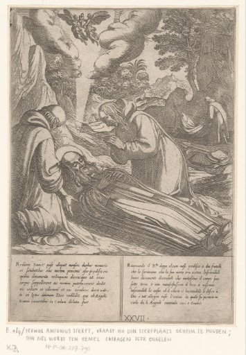 St. Anthony, on his deathbed, asks that his burial place be kept secret