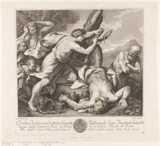 Apollo binding Marsyas to a tree