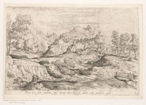 Hill landscape with a man on a bridge