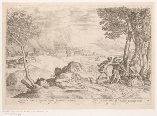 Landscape with two robbers attacking an old man on the right
