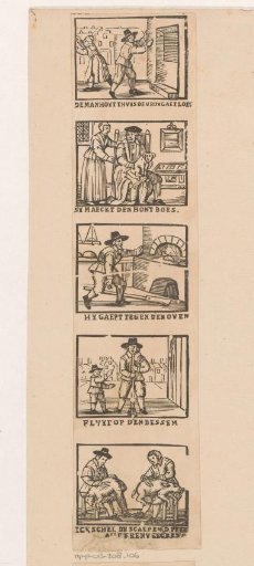 Depiction of how seven women fight over a man's breeches and the woman pulls the breeches right