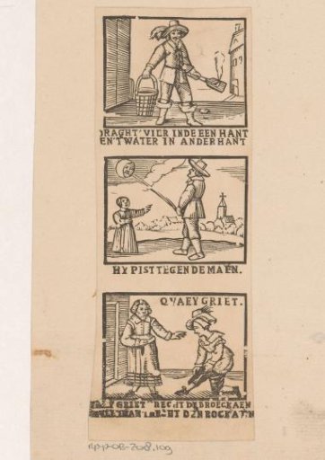 Depiction of how seven women fight over a man's breeches and the woman pulls the breeches right