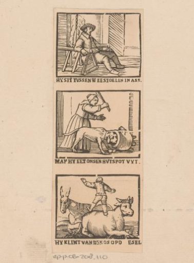 Depiction of how seven women fight over a man's breeches and the woman pulls the breeches right