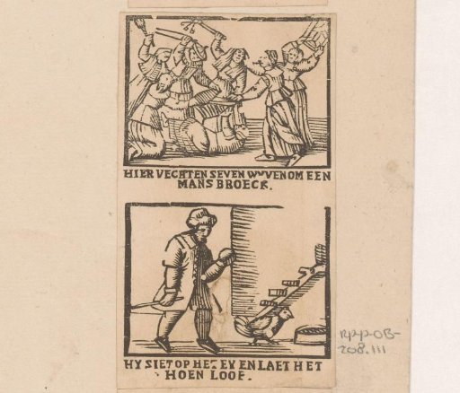 Depiction of how seven women fight over a man's breeches and the woman pulls the breeches right