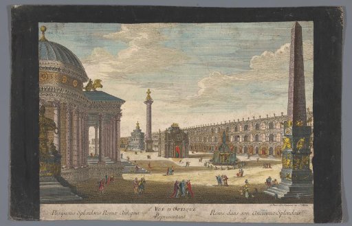 View of an obelisk, a triumphal arch, a column and other buildings in Rome