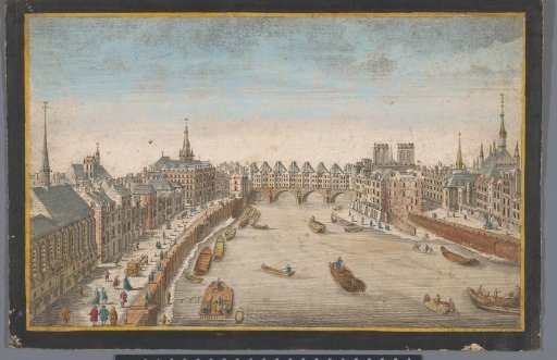 View of the built Pont Saint-Michel over the river Seine in Paris