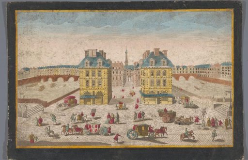 View of the Place Dauphine with the built-up Pont au Change and the Pont Saint-Michel over the Seine River in Paris