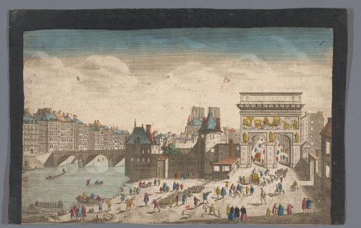 View of the Porte Saint-Bernard and the Pont de la Tournelle over the river Seine in Paris