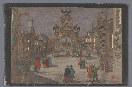 View of a triumphal arch with a double-headed eagle and a portrait bust of Joseph II, Holy Roman Emperor, in Frankfurt am Main