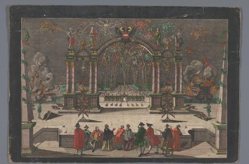 View of fireworks and a triumphal arch with a double-headed eagle and the name of Joseph II, Holy Roman Emperor