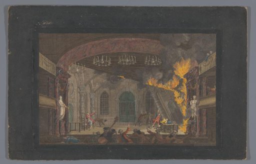 Scene of the theatre on the Keizersgracht in Amsterdam at the outbreak of the fire, 1772