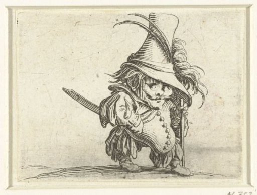 Little man (caricature) with a sword and walking stick