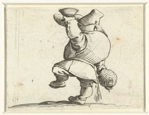 Little man (caricature) with a bottle and glass, spilling drink