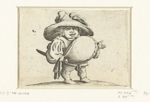 Little man (caricature) with a sword, a row of buttons on the belly