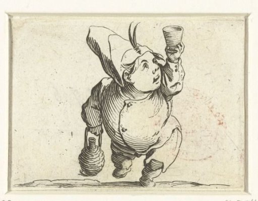 Little man (caricature) with a bottle and glass