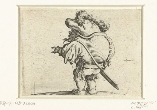 Little man (caricature) with a sword, a row of buttons on the back