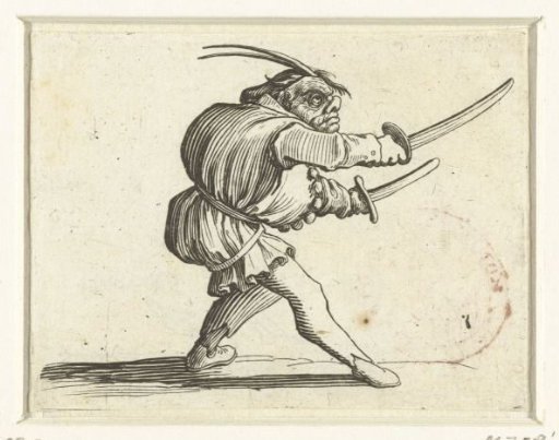 Grotesque figure with two swords