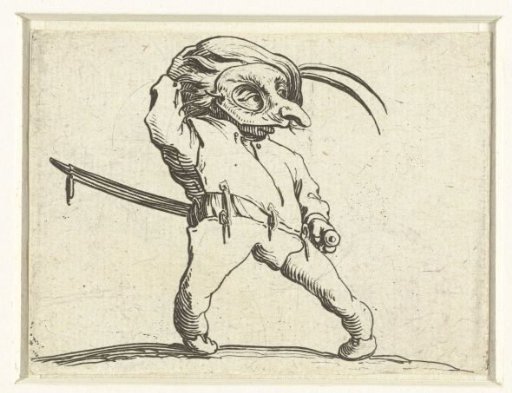 Little man (caricature) with a sword and mask