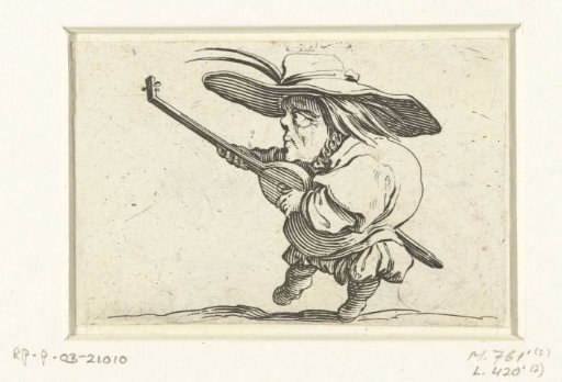 Little man (caricature) with a lute and sword