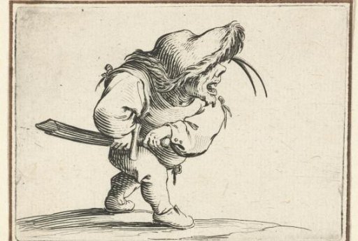 Little man (caricature) with a sword, in an attacking pose
