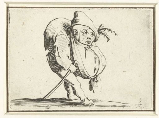 Little man (caricature) with a walking stick