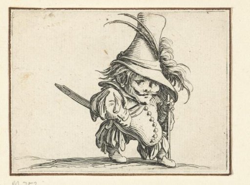 Little man (caricature) with a sword and walking stick