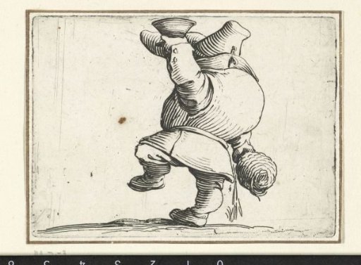 Little man (caricature) with a bottle and glass, spilling drink