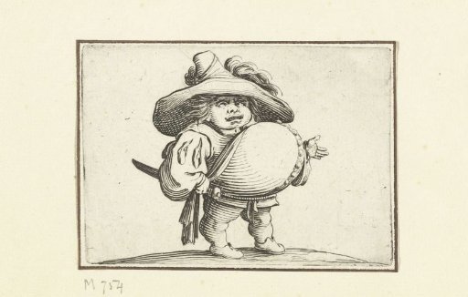 Little man (caricature) with a sword, a row of buttons on the belly