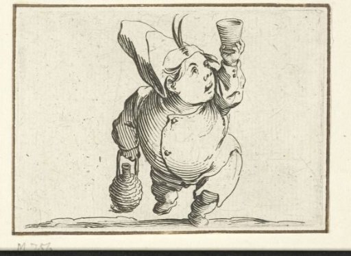 Little man (caricature) with a bottle and glass