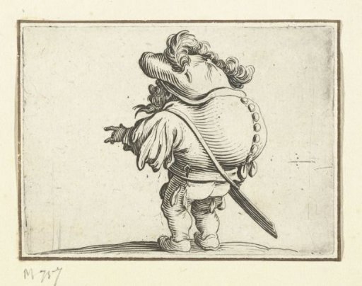 Little man (caricature) with a sword, a row of buttons on the back