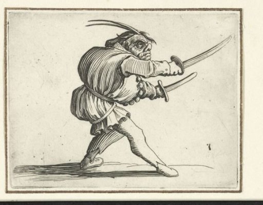 Grotesque figure with two swords