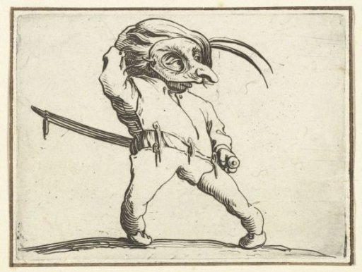 Little man (caricature) with a sword and mask