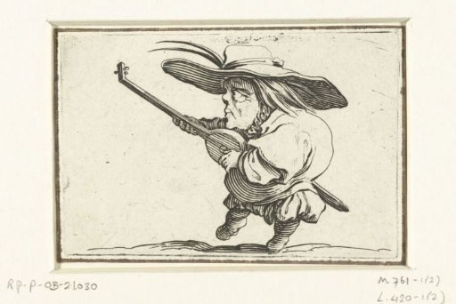 Little man (caricature) with a lute and sword