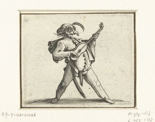 Commedia dell'arte figure with guitar, sword and mask
