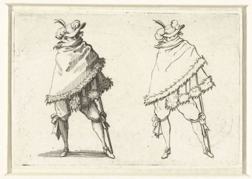The same man with fur cloak and walking stick, seen from the front