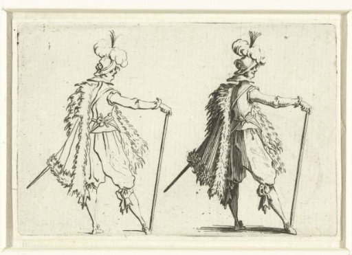 The same man with fur cloak, walking stick and sword, seen from the right side