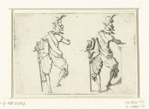 The same man with cloak and sword, leaning on a low wall, seen from the back