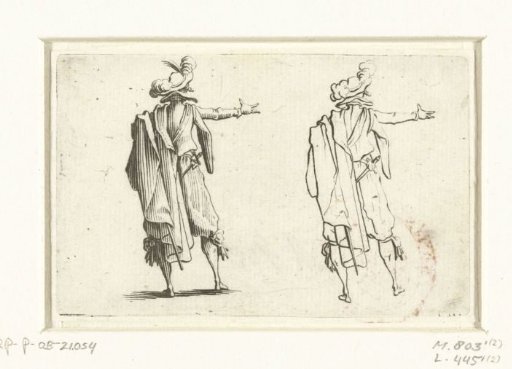 The same man with cloak and sword, right arm outstretched, seen from the back