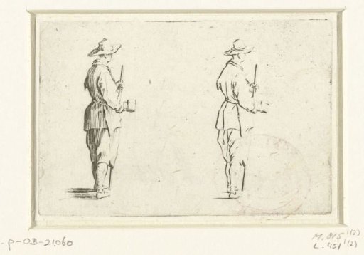 Twice the same man with cup and walking stick, seen from the right