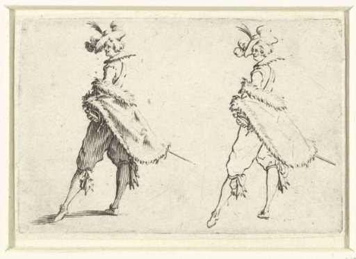 Twice the same man with fur cloak and sword, seen from the left