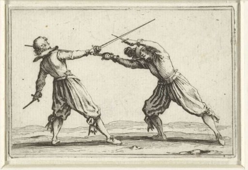 Two fighting men with swords and daggers