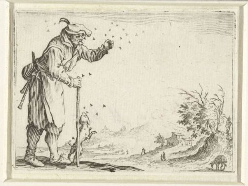 Man with bagpipes and dog, attacked by bees