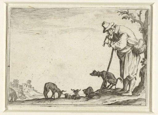 Flute-playing man with bag, dog and goats