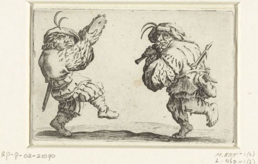 Dancing little people (caricatures) with tambourine and flute