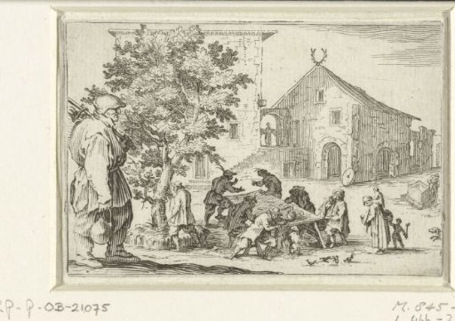 Man with bag and knapsack at inn