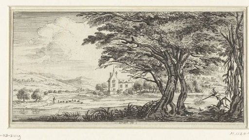 Landscape with a large tree and a hunter