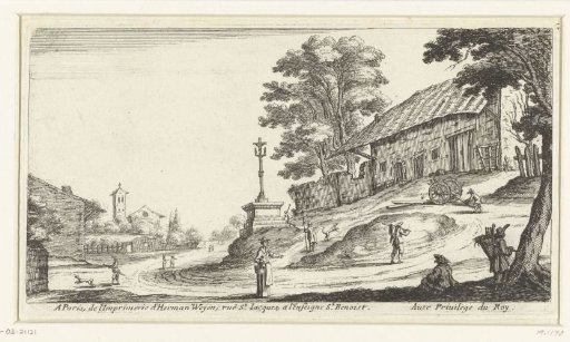 Landscape with a cross on a village road