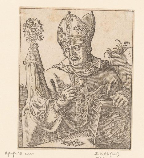 Bishop Behind a Table with a Flower and a Closed Book