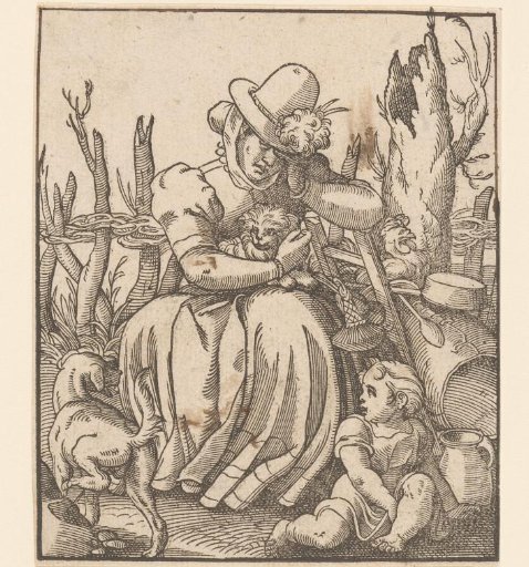 Sleeping Woman with Child, Dogs, and a Rooster
