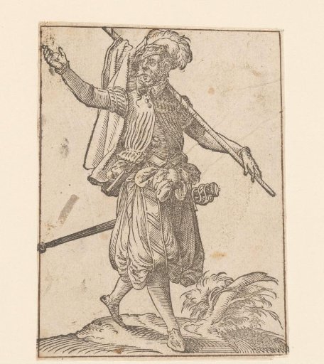 Landsknecht walking with his jacket on a stick in his hand